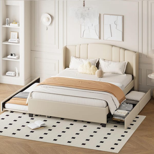 Avery Modern Beige Upholstered Linen Wood Frame Queen Platform Bed w/ Wingback Headboard, Twin Trundle, Storage Drawers