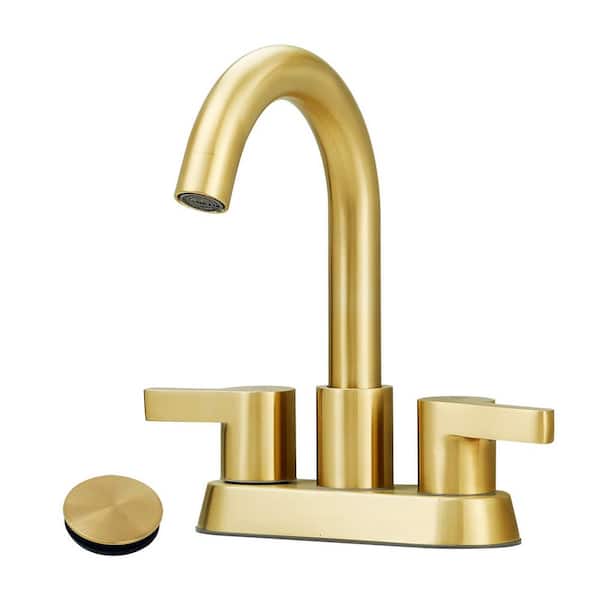 Rotatable 4 in. Centerset Double Handle Bathroom Faucet with Drain Kit Included in Brushed Gold