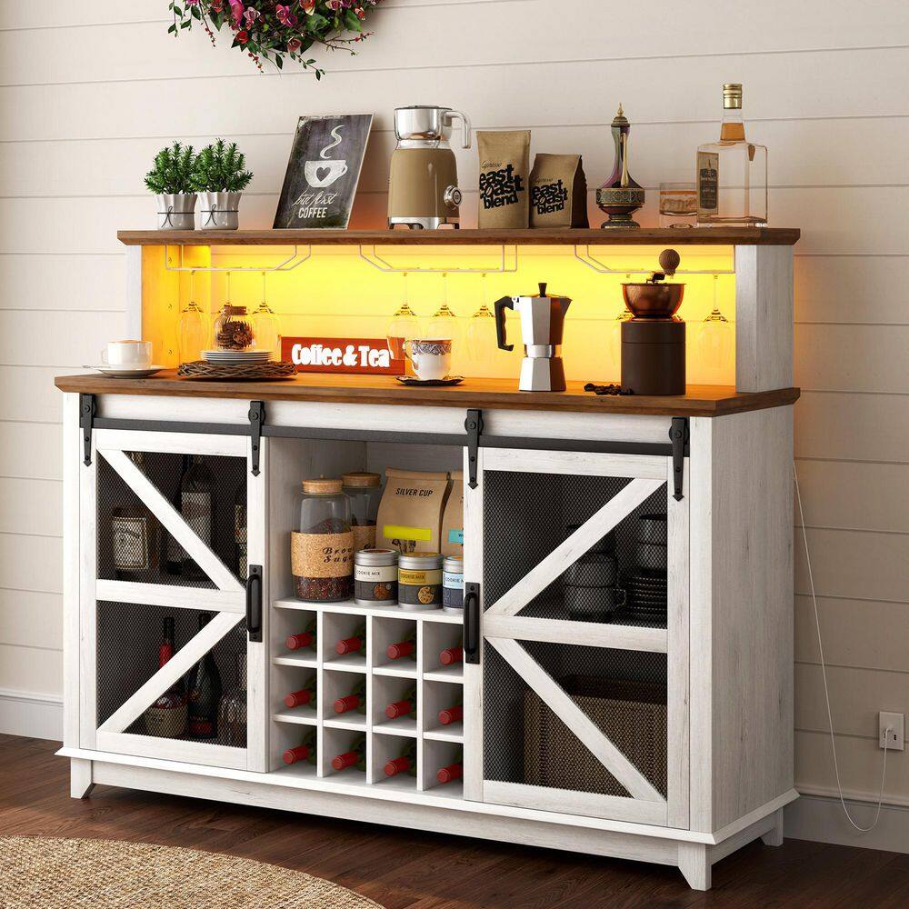 57" Farmhouse Coffee Bar Cabinet With Sliding Barn Door & LED Lights – TV Stand With Power Outlet