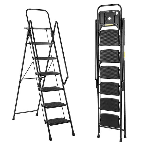 77.95 in. Indoor and Outdoor Black Foldable 6-Level Steel Step Stool Ladder with Non-Slip Treads and Tool Tray
