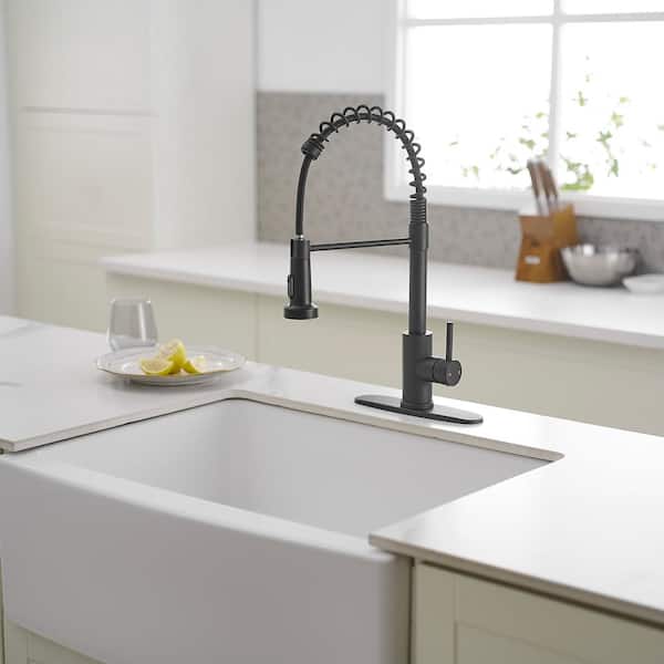 Single Handle Pull-Down Sprayer High Arc Pull Down Sprayer Kitchen Faucet With Deck Plate in Matte Black