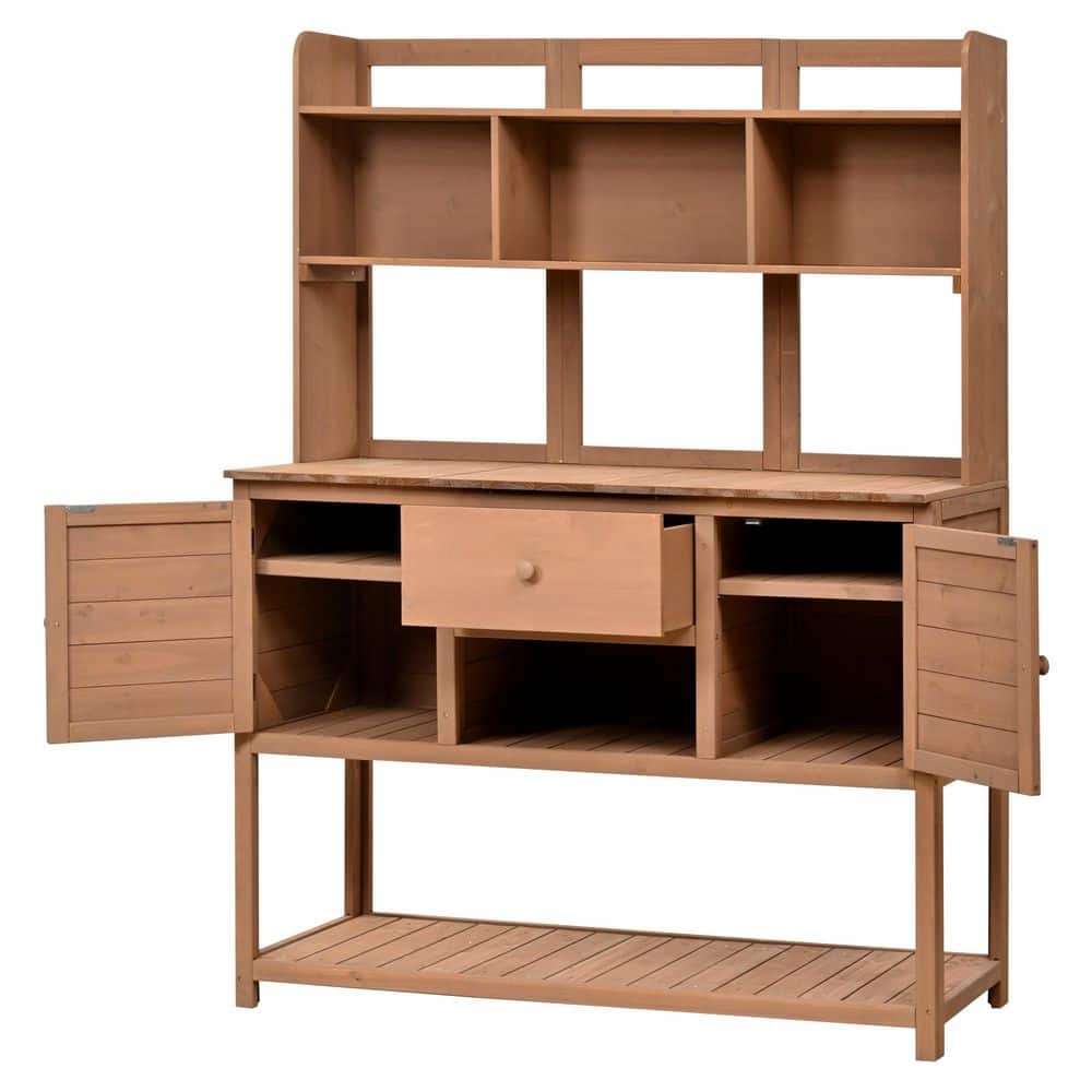 Brown Solid Wood Potting Bench Garden Workstation with Hutch, Drawer and Ad
