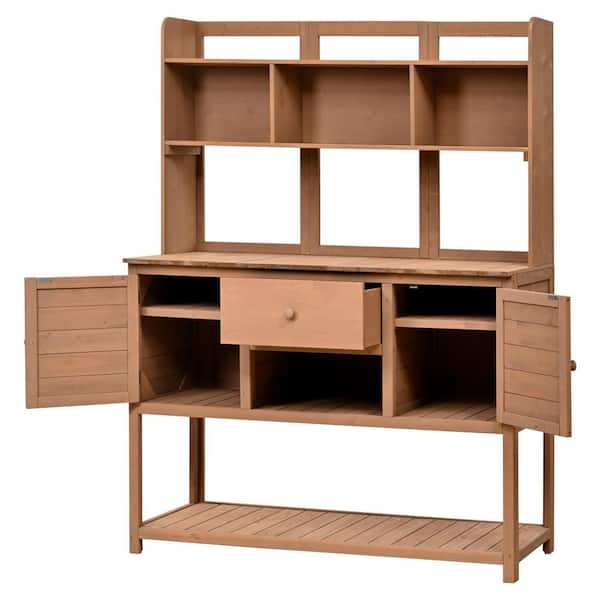 Unbranded Brown Solid Wood Potting Bench Garden Workstation with Hutch, Drawer and Adjustable Shelves