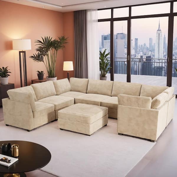 Allwex 130 in. Square Arm Modern 8-Piece Plush Corduroy U-Shape Free Combination Modular Sectional Sofa in Beige with Ottoman