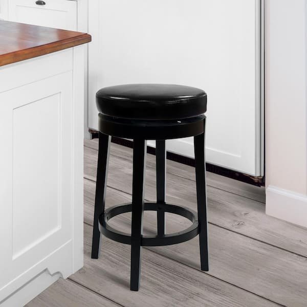 Armen Living MBS-450 30 in. Black Bonded Leather and Black Wood Finish Backless Swivel Bar Stool