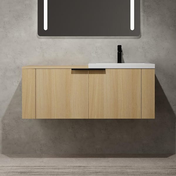 48 in. Single Sink Floating Oak Bath Vanity with White Resin Top, Metal Handle, 2 Doors