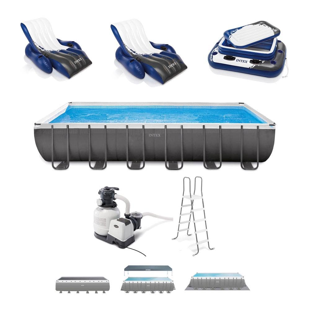 Intex 24ft Gray Rectangular Above Ground Pool Set with Pump and Floats