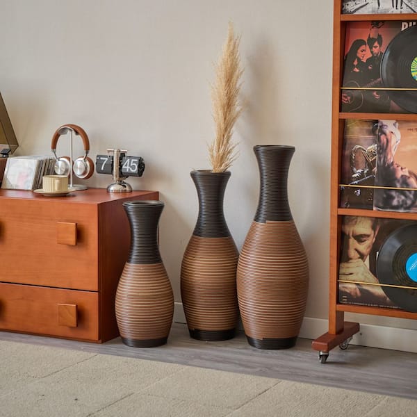 20 in. /24 in. /28 in.  Brown Bottle PVC Floor Vase Trio,Modern Textured Tall Vases for Home Decor (Set of 3)