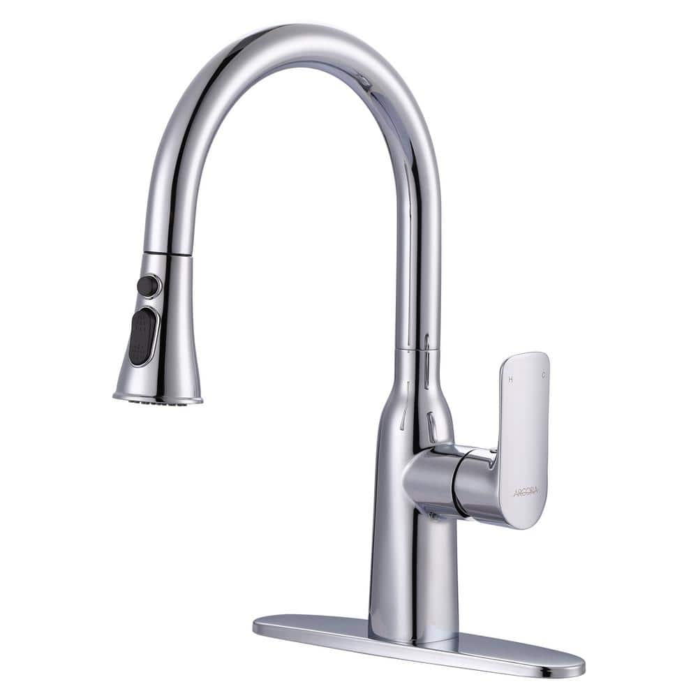 Stainless Steel 3-Functions Single-Handle Pull Down Sprayer Kitchen Faucet with Deck Plate in Polished Chrome -  WOWOW, 2310201C