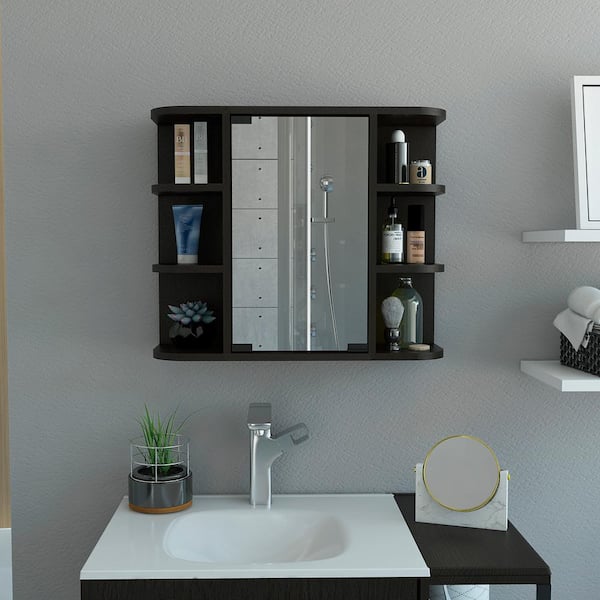 FAMYYT 23.6 in. W x 19.7 in. H Black Rectangular Wall Medicine Cabinet with Mirror with Open Shelf