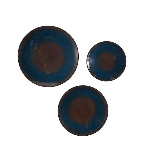 Litton Lane Metal Dark Blue 3D Circular Disk Abstract Wall Decor with Brown Accents (Set of 3)