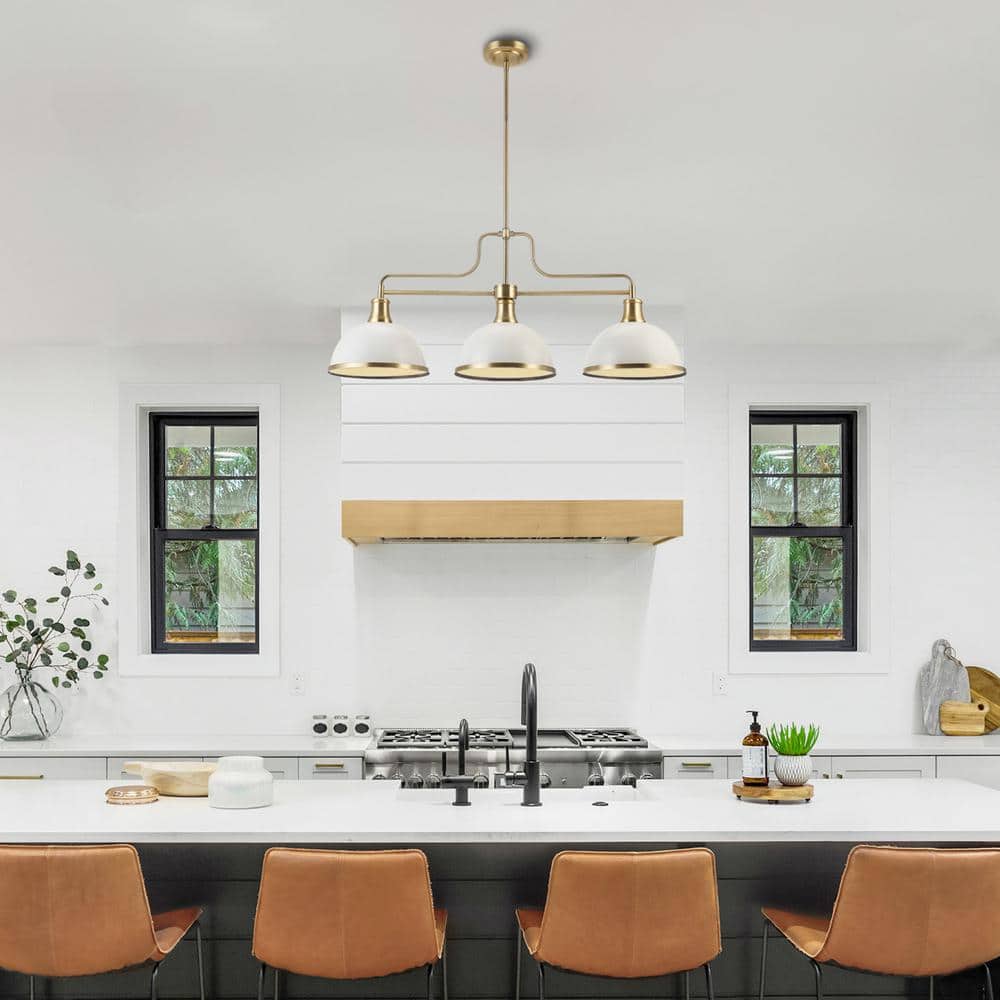 Matte White and Brass 3-Light Linear Chandelier