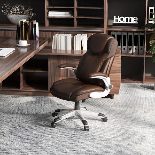 Costway Faux Leather Swivel Ergonomic Office Chair Executive with Flip-up Armrests in Brown