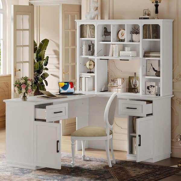 anpport Modern 65 in. L-Shaped White Wood 2-Drawer Computer Desk
