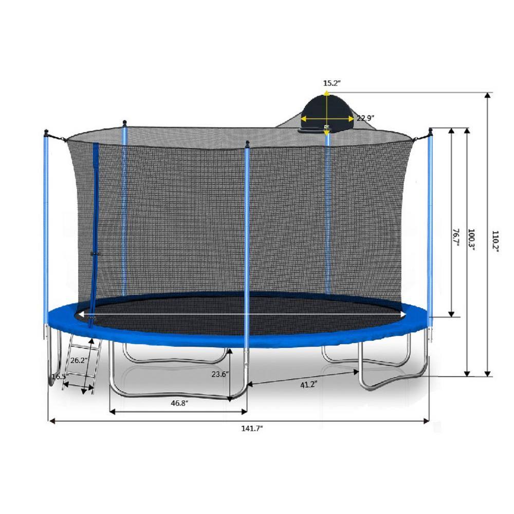 12FT Blue Trampoline with Safety Net and Basketball Hoop