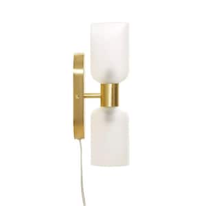 Mieres 4.25 in. 2-Light Glossy Gold Wall Sconce with Frosted Cylinder Shades