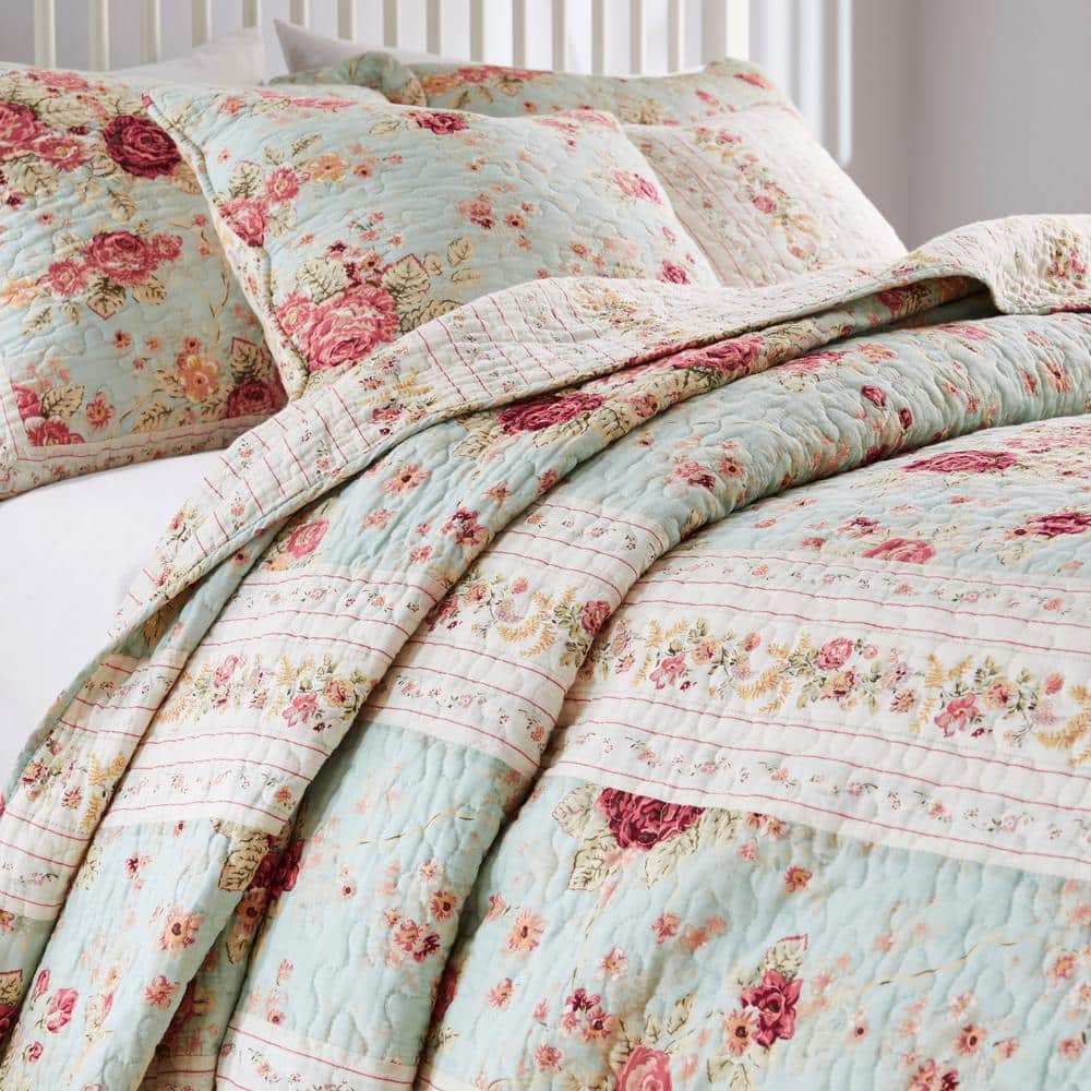 Blue Cotton Reversible Queen Bedspread Set with Floral Print