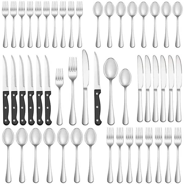 9 in. Full Tang 48 pcs Stainless Steel Mirror Polished Flatware Set Service for 8 with Steak Knives Dinner Forks Spoons