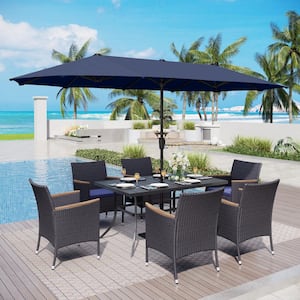 Black 8-Piece Metal Patio Outdoor Dining Set with Rectangular Table, Blue Umbrella and Rattan Chairs with Blue Cushion