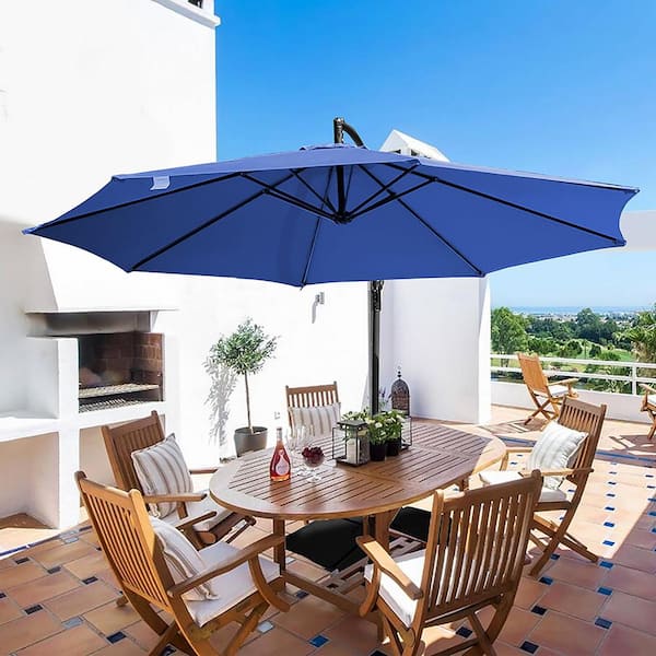 SUNRINX 10 ft. Steel Cantilever Offset Patio Umbrella in Blue with Crank and Base
