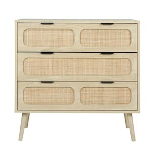 Natural Wooden Rattan 3-Drawer Storage Cabinet Dresser/Nightstands (13.78 in. D x 31.5 in. W x 31.3 in. H)