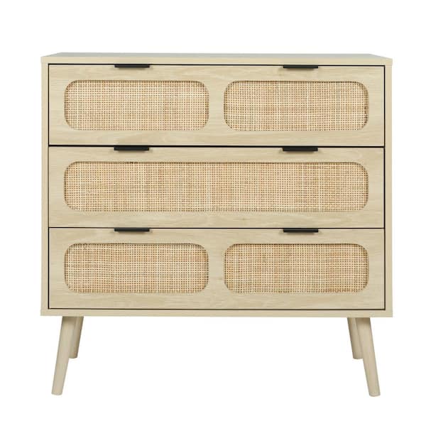 ATHMILE Natural Wooden Rattan 3-Drawer Storage Cabinet Dresser/Nightstands (13.78 in. D x 31.5 in. W x 31.3 in. H)