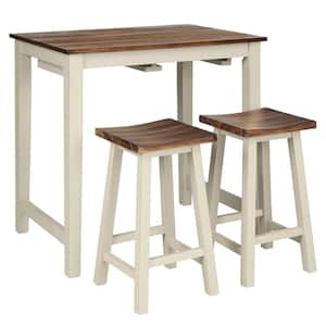 3-Piece Beige Bar Table Set Counter Pub Table and 2 Saddle Bar Stools with Hanging Design