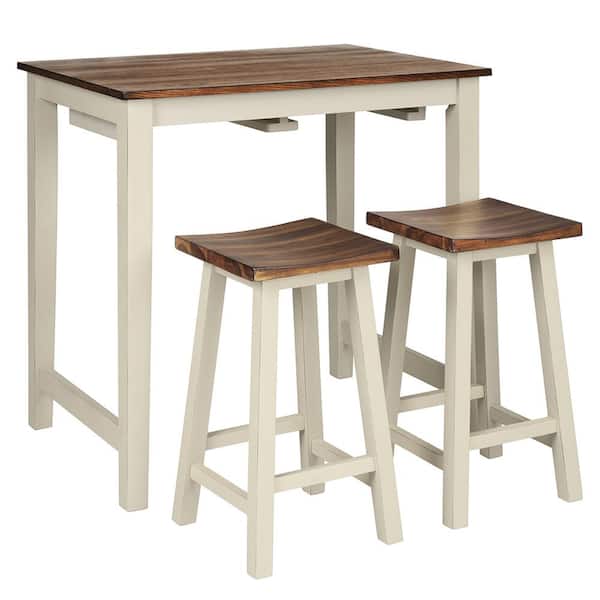 Gymax 3-Piece Beige Bar Table Set Counter Pub Table and 2 Saddle Bar Stools with Hanging Design