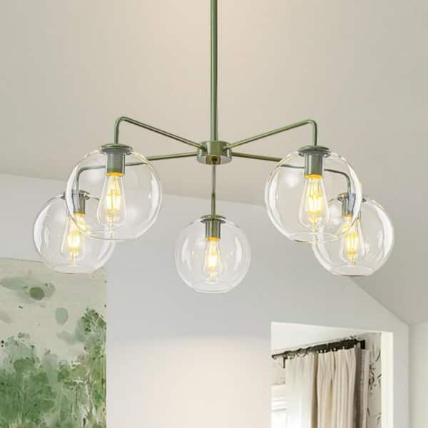 Loretta 5-Light Modern Green Cluster Sputnik Chandelier with Clear Glass Globe Shades for Dining Room
