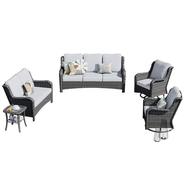 OVIOS Mercury Gray 5-Piece Wicker Patio Conversation Seating Set with Gray Cushions