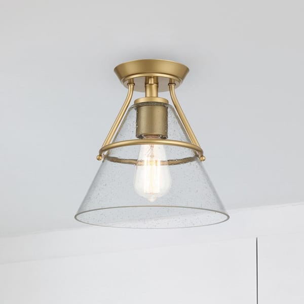 Greylock 10 in. 1-Light Vintage Gold Cone Semi-Flush Mount Ceiling Light with Clear Seeded Glass Shade