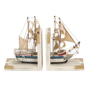 White Wood Sail Boat Bookends with Real Boat Rigging (Set of 2)