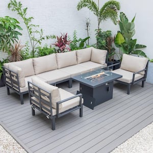 Hamilton 7-Piece Aluminum Modular Outdoor Patio Conversation Seating Set With Firepit Table & Cushions in Beige