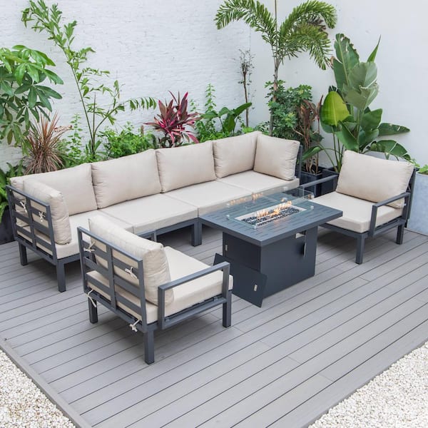Leisuremod Hamilton 7-Piece Aluminum Modular Outdoor Patio Conversation Seating Set With Firepit Table & Cushions in Beige
