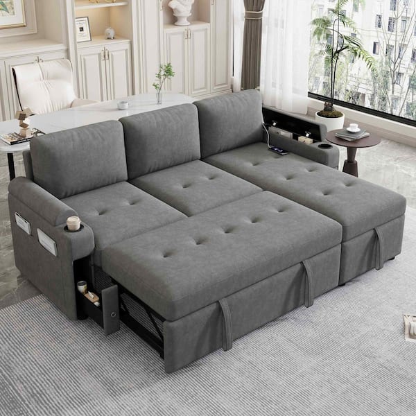 83.5 in. Square Arm Chenille Sectional Sofa with Ample Storage Space, 2-Cup Holders and 2 USB Ports in Gray