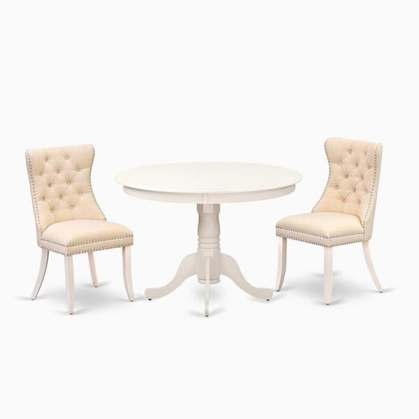 East West Furniture 3-Piece Linen White Finish Solid Wood Top-Round Dining Room Set-Seats 4
