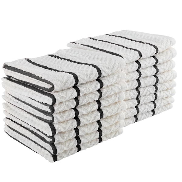 Cotton 12 x 12 Dish Cloths 16 Pack - for Washing Dishes, Scrubbing, and Drying - Solid White with White/Black Stripes