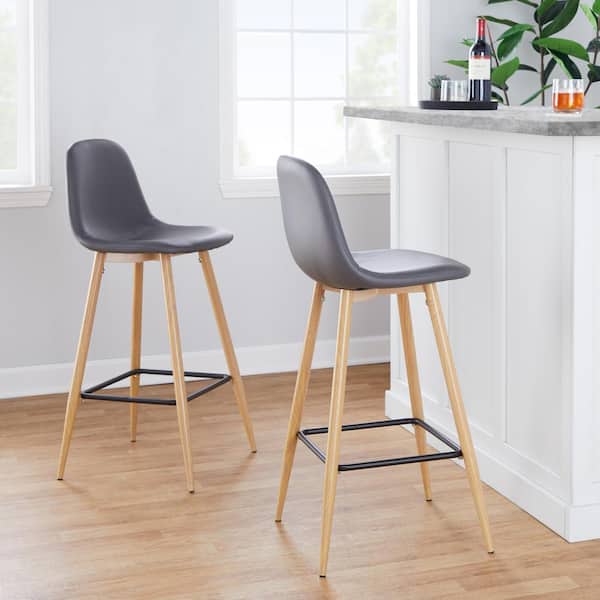 Lumisource Pebble 28.5 in. Grey Faux Leather and Natural Metal Bar Stool (Set of 2)