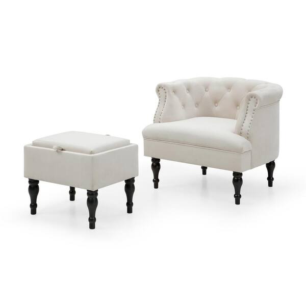 Beige Velvet Upholstered Nailhead Trim Button Tufted Arm Chair With ...