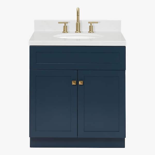 Hamlet 30 in. W x 22 in. D x 36 in. H Single Freestanding Bath Vanity in Midnight Blue with Carrara White Quartz Top