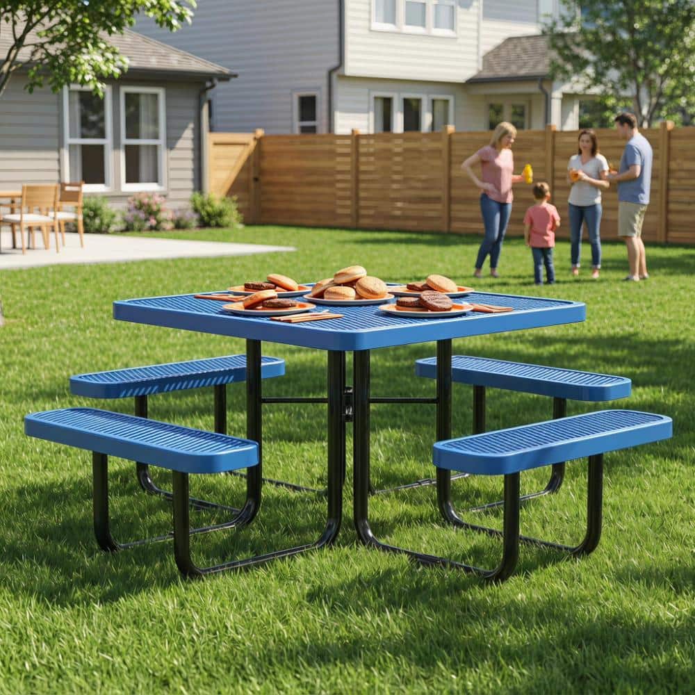 Blue 46-inch Square Steel Picnic Table & Chair Set with Umbrella Hole Seats 4-8 People Perfect for Parks, School price history on PriceWatchPro