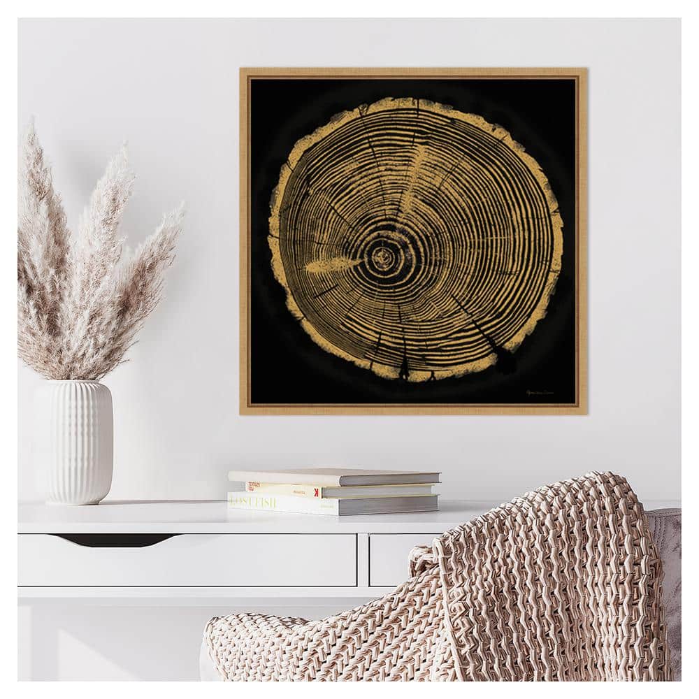 Tree Trunk I Abstract Golden Rings Canvas Wall Art in Maple Frame