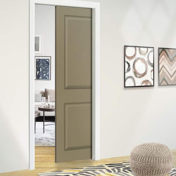 36 in. x 80 in. Olive Green Painted Composite MDF 2PANEL Interior Sliding Door with Pocket Door Frame and Hardware Kit