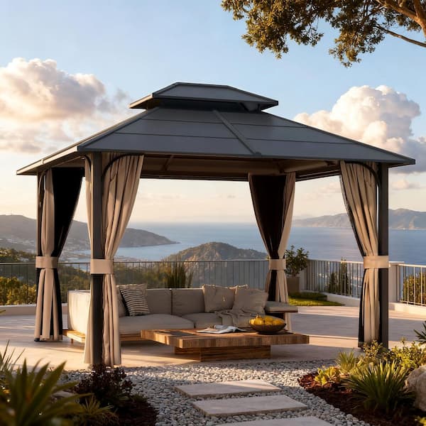 10 ft. x 12 ft. Hardtop Gazebo with Double Roof, Sturdy Steel Frame and Weather-Resistant Curtains