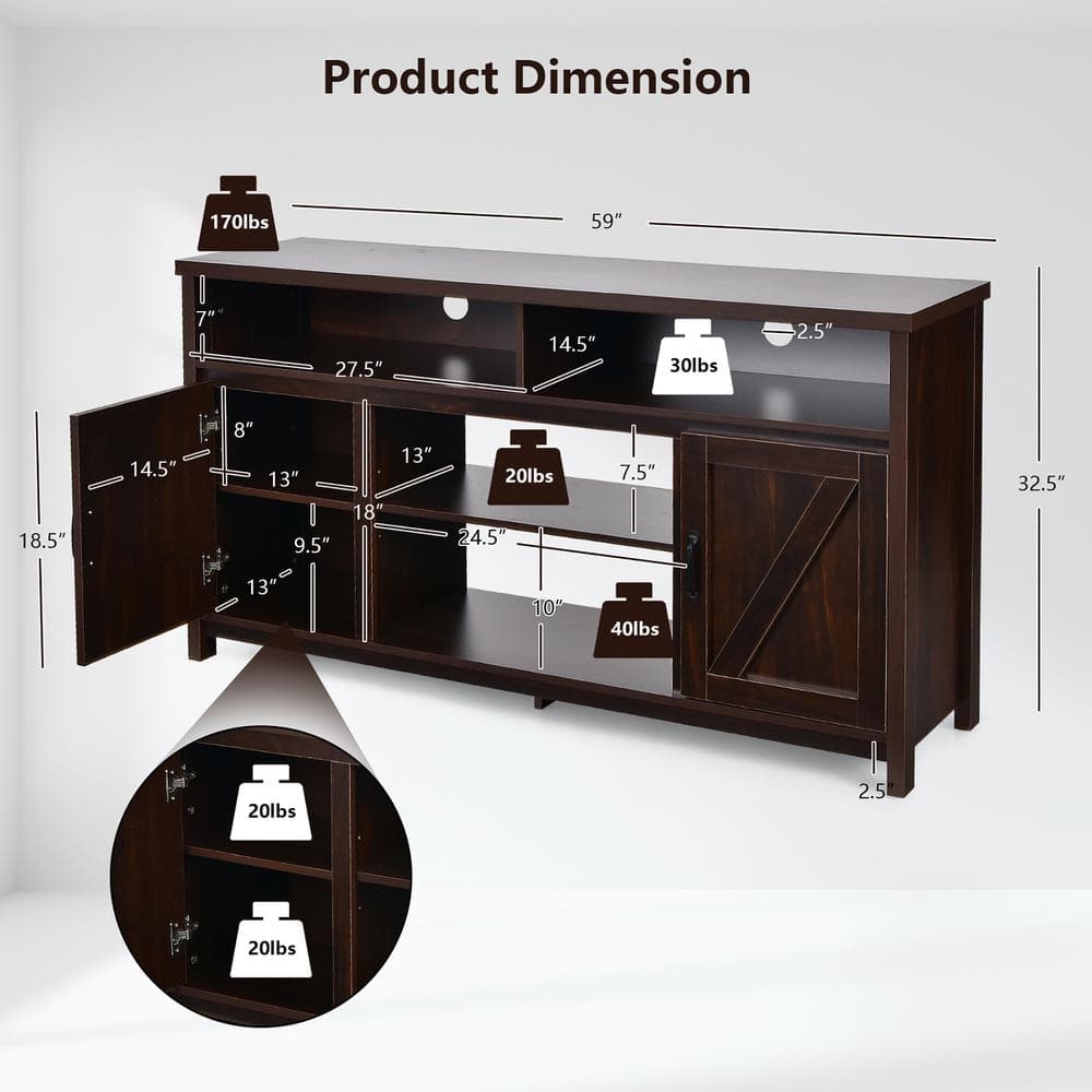 Coffee Brown 59'' Wood TV Stand with Fireplace Cabinet