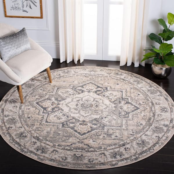 Pyramid 7 ft. x 7 ft. Ivory/Gray Ornate Border Round Area Rug
