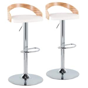 Grotto 39 in. White Faux Leather, Zebra Wood and Chrome Metal Adjustable Bar Stool with Oval Footrest (Set of 2)