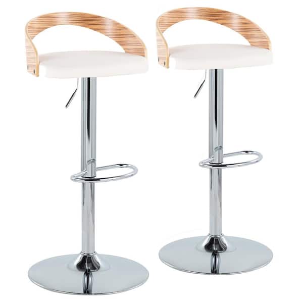 Lumisource Grotto 39 in. White Faux Leather, Zebra Wood and Chrome Metal Adjustable Bar Stool with Oval Footrest (Set of 2)