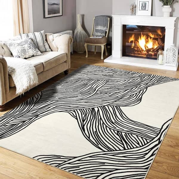 Black/White 8 ft.x10 ft. Modern Abstract Carpet Washable Rug Living Room Carpet Soft Nonslip Imitation Cashmere Area Rug