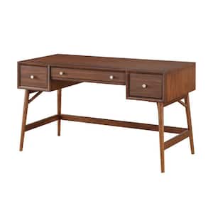 24 in. W 3 Drawer Walnut Brown Wooden Writing Desk with Splayed Legs